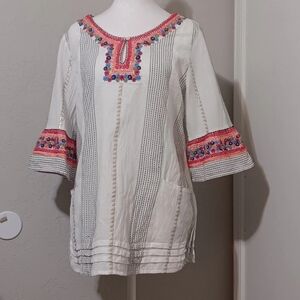 Soft Surrounding Embroidered Tunic Ivory/Pink 3/4 Sleeve SzM Pockets Women